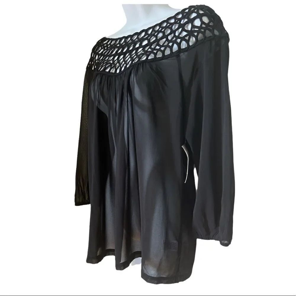 NWT Humble Chic Black Lattice Neckline Long Sleeve Sheer Blouse sz M